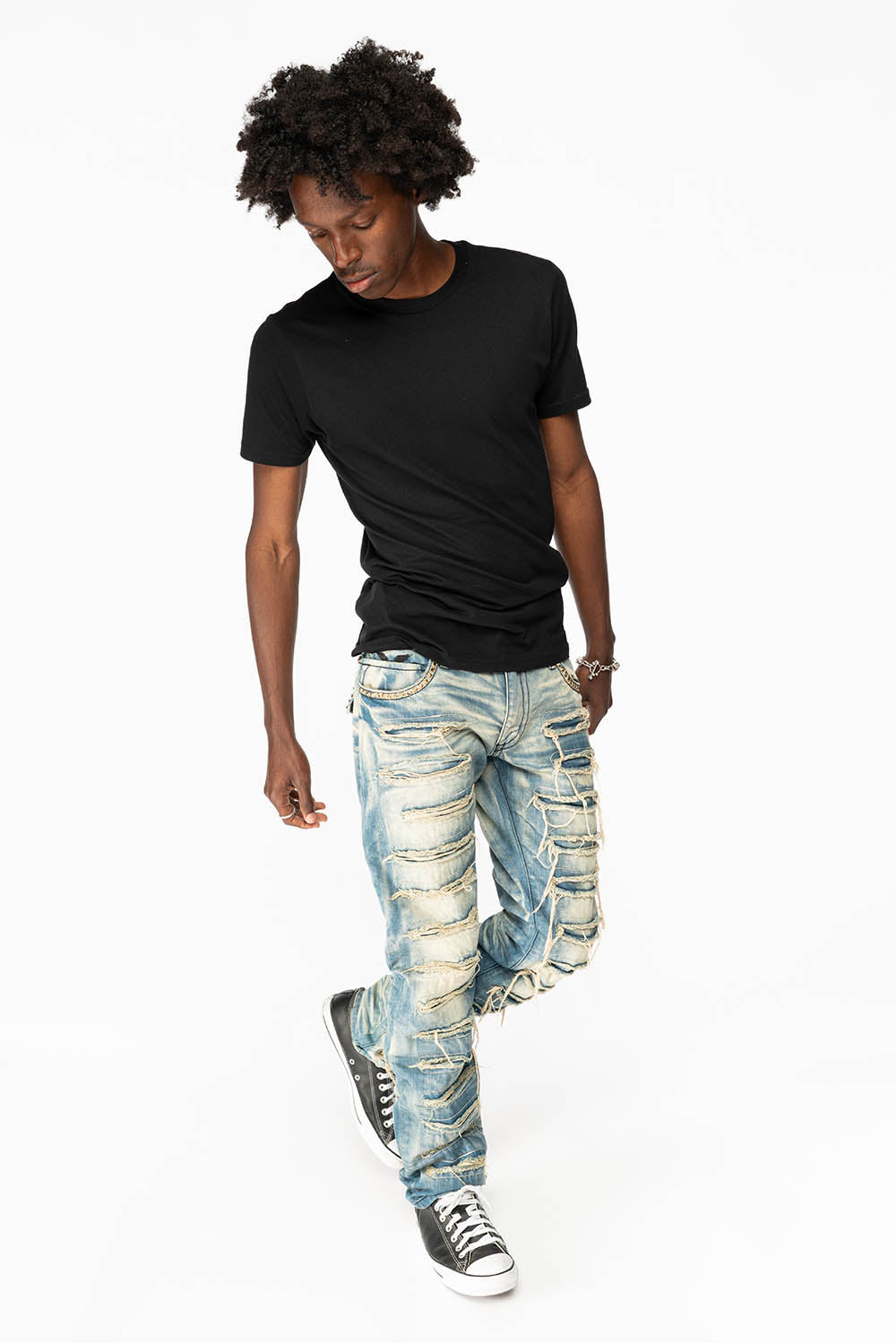 ROBIN'S NEW VINTAGE EDITION RIPPED JEANS WITH SMOKEY TOPAZ CRYSTALS IN OMAHA WASH