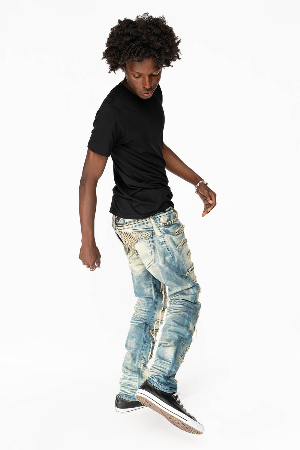 ROBIN'S NEW VINTAGE EDITION RIPPED JEANS WITH SMOKEY TOPAZ CRYSTALS IN OMAHA WASH