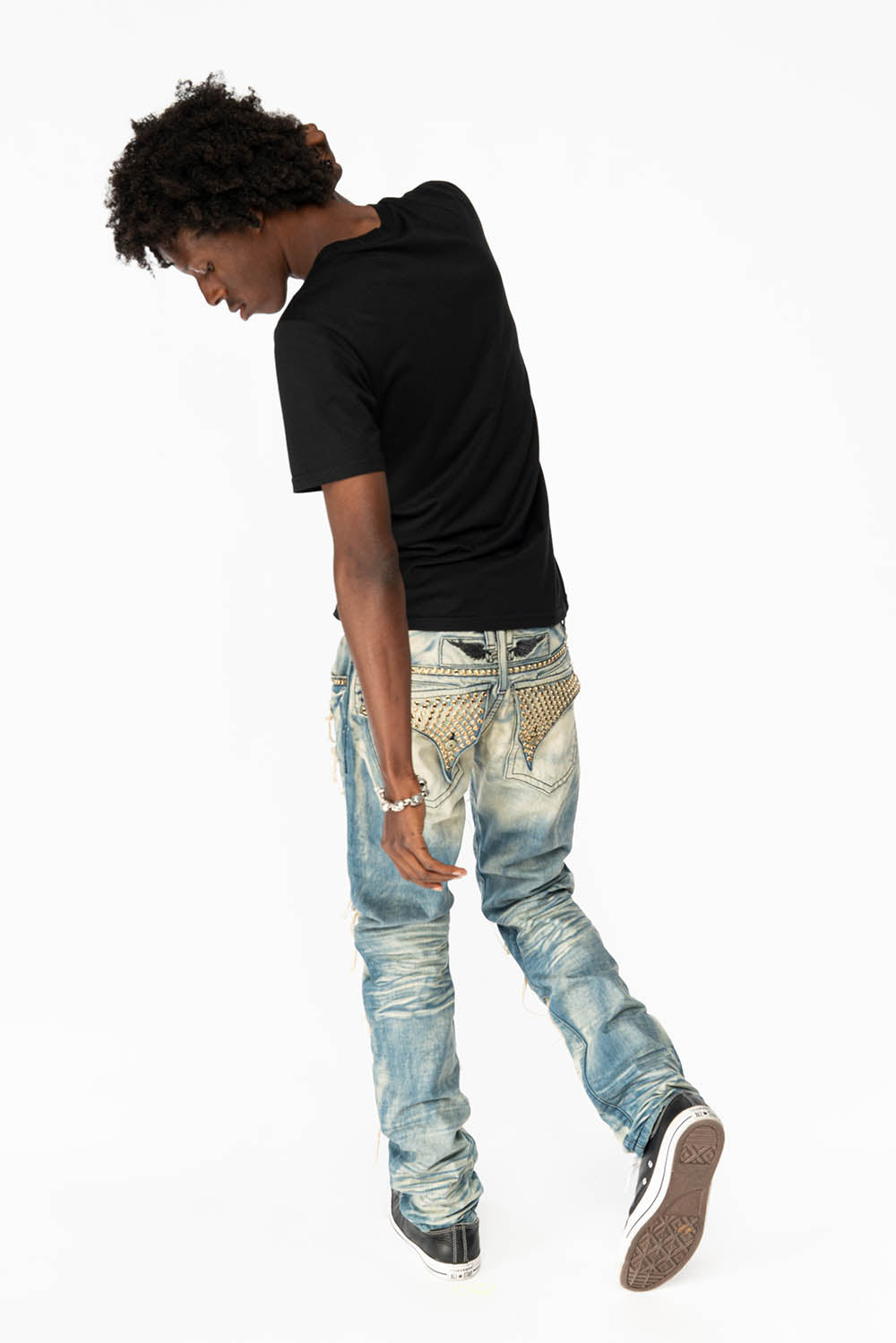 ROBIN'S NEW VINTAGE EDITION RIPPED JEANS WITH SMOKEY TOPAZ CRYSTALS IN OMAHA WASH
