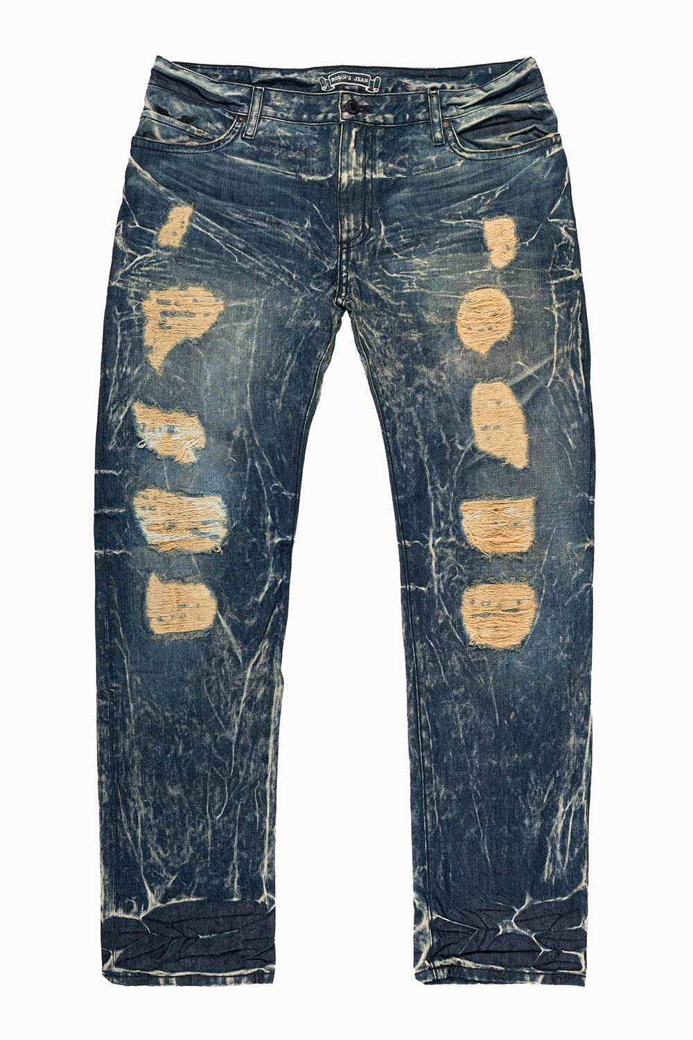 MENS LONG FLAP SLIM JEANS EMBELLISHED WITH CRYSTALS IN BLUE 4D DARK BROKEN WASH