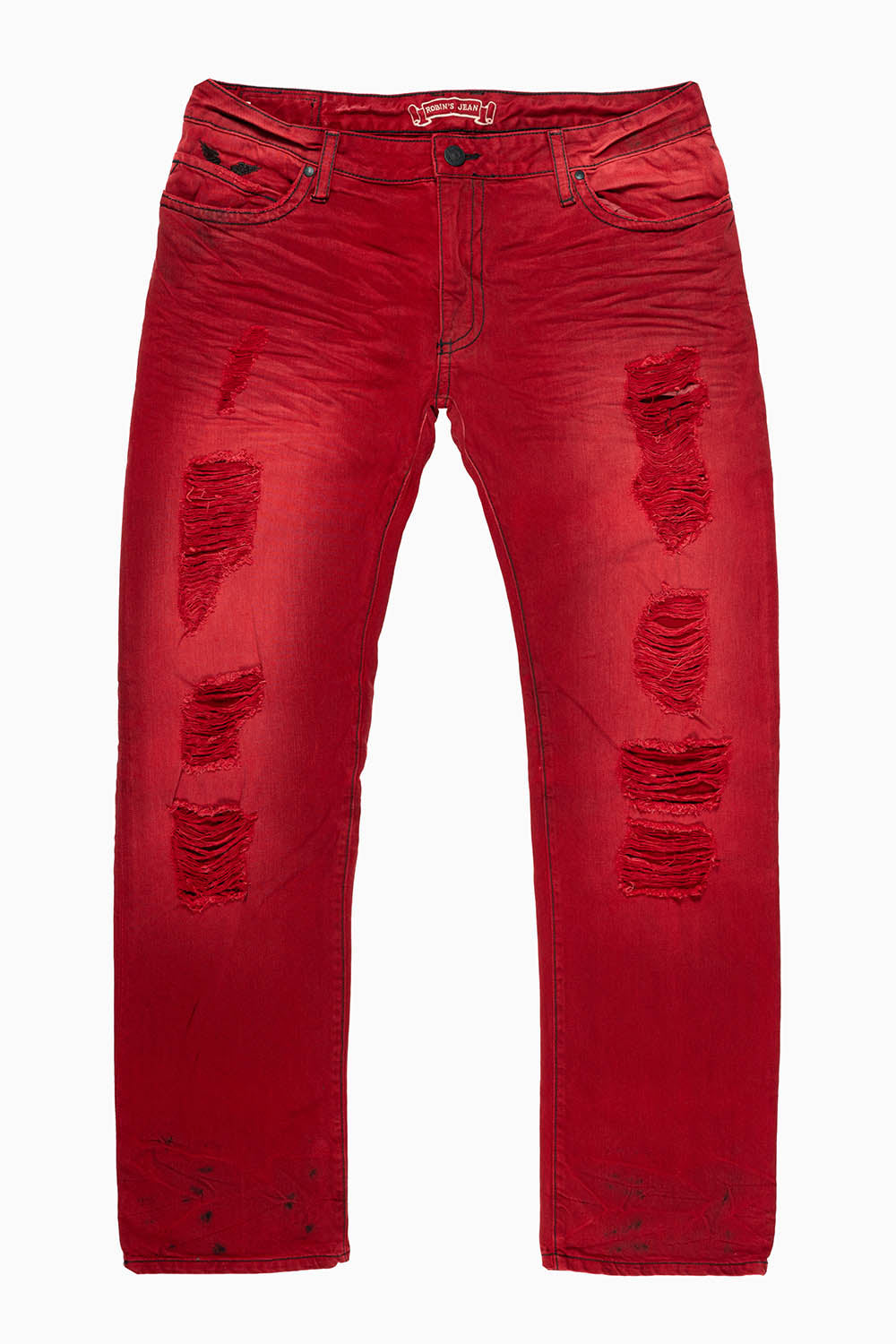 MENS LONG FLAP SLIM JEANS EMBELLISHED WITH BLK CRYSTALS IN BROKEN F-UP-RED WASH