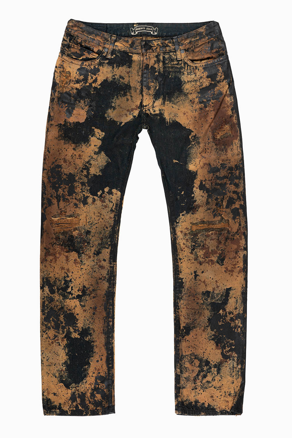 MENS LONG FLAP SLIM JEANS EMBELLISHED WITH JET BLK CRYSTALS IN ROBINLAND WASH