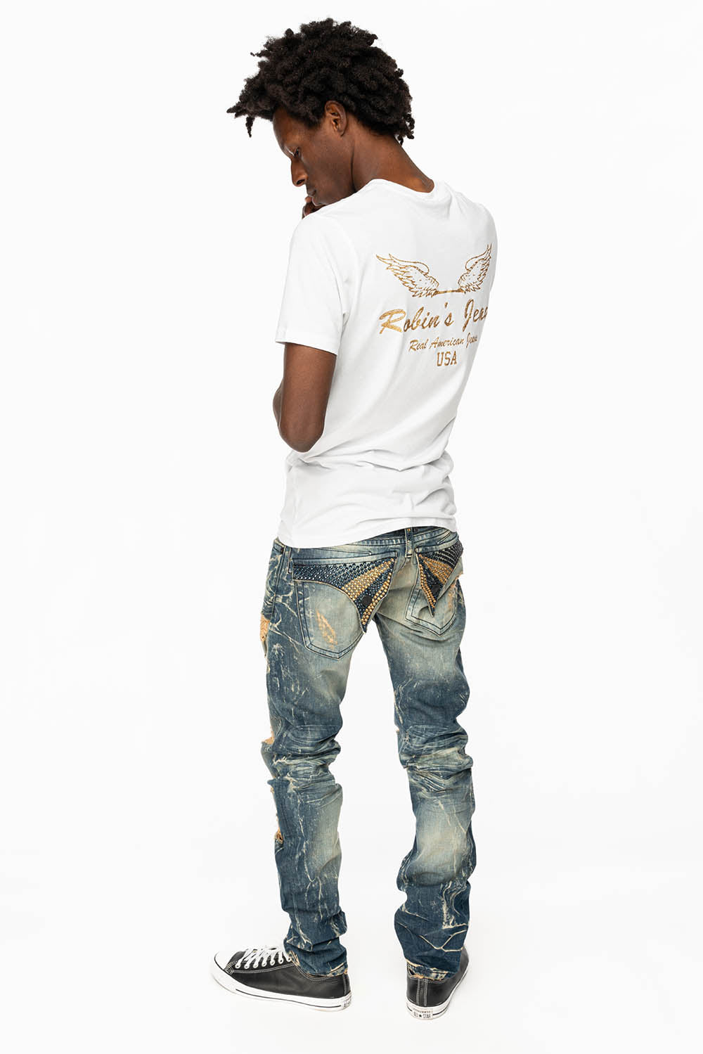 MENS LONG FLAP SLIM JEANS WITH FULL CRYSTALS IN 4D DARK BROKEN DNM