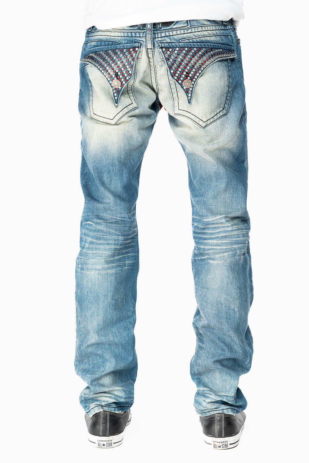 LIMITED EDITION MENS LONG FLAP SLIM JEANS EMBELLISHED WITH CRYSTALS IN OMAHA TAN WASH