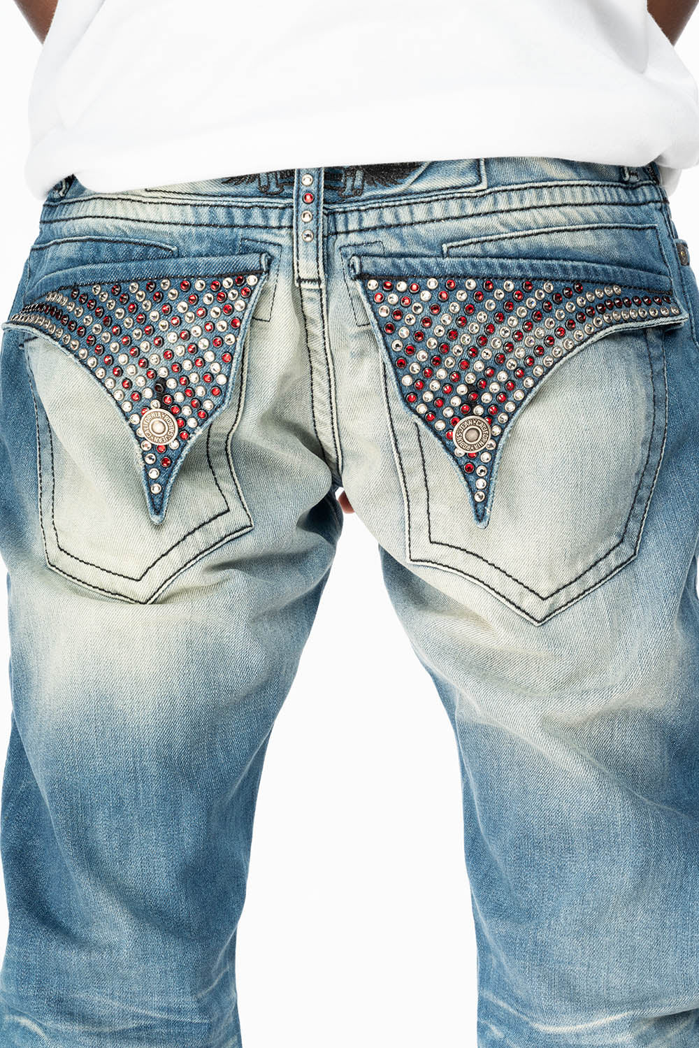 LIMITED EDITION MENS LONG FLAP SLIM JEANS EMBELLISHED WITH CRYSTALS IN OMAHA TAN WASH