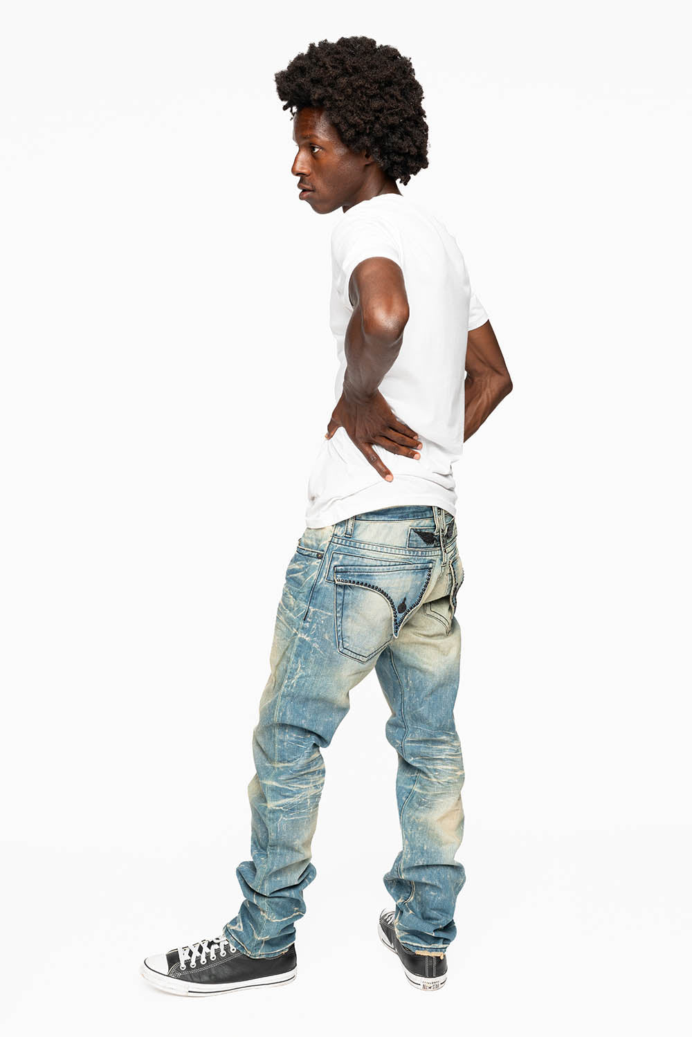 MENS LONG FLAP SLIM JEANS EMBELLISHED WITH CRYSTALS IN BLUE 4D LIGHT WASH