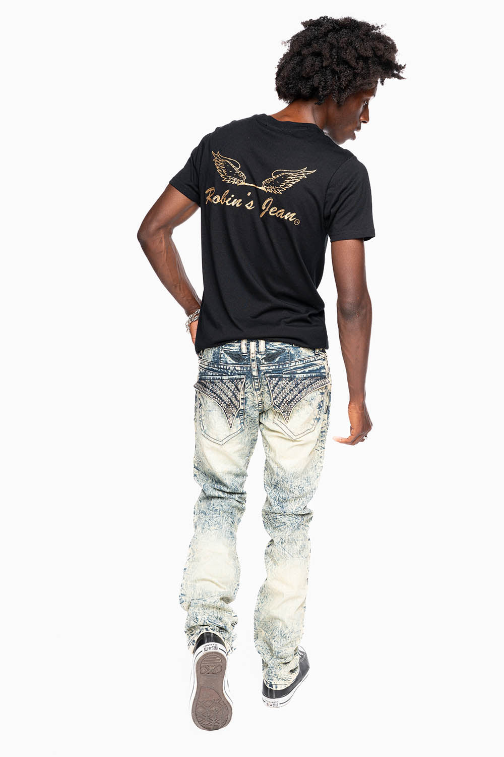 MENS LONG FLAP SLIM JEANS EMBELLISHED WITH CRYSTALS IN HIKER WASH