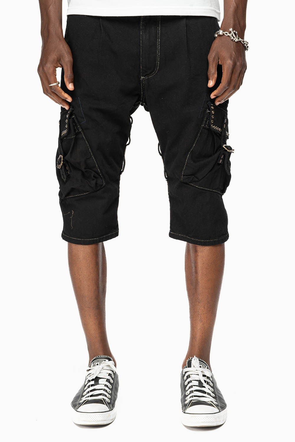 ROBINS LIMITED EDITION MILITARY STYLE CARGO SHORTS IN PURE BLK COLOR WASH WITH BLK DIAMOND CRYSTALS
