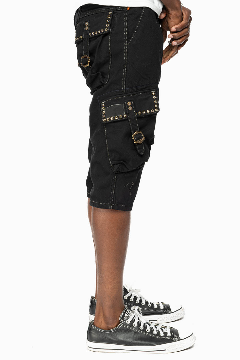 ROBINS LIMITED EDITION MILITARY STYLE CARGO SHORTS IN PURE BLK COLOR WASH WITH BLK DIAMOND CRYSTALS