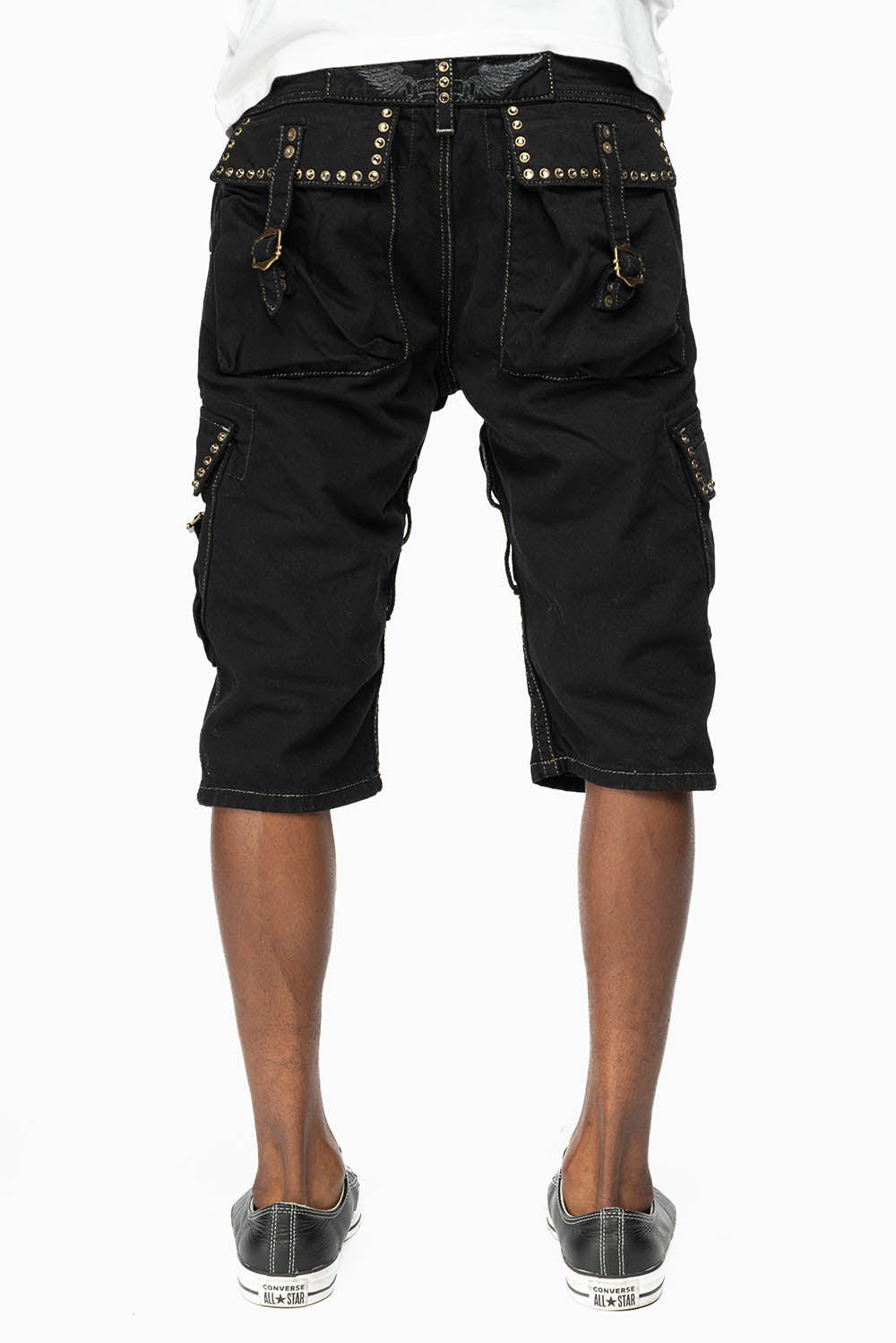 ROBINS LIMITED EDITION MILITARY STYLE CARGO SHORTS IN PURE BLK COLOR WASH WITH BLK DIAMOND CRYSTALS