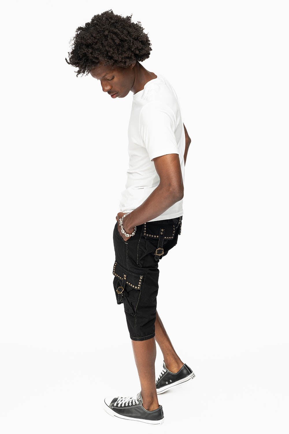ROBINS LIMITED EDITION MILITARY STYLE CARGO SHORTS IN PURE BLK COLOR WASH WITH BLK DIAMOND CRYSTALS
