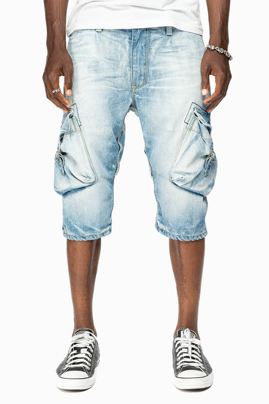 ROBINS LIMITED EDITION MILITARY STYLE CARGO SHORTS IN 5D LIGHT BLUE COLOR WASH