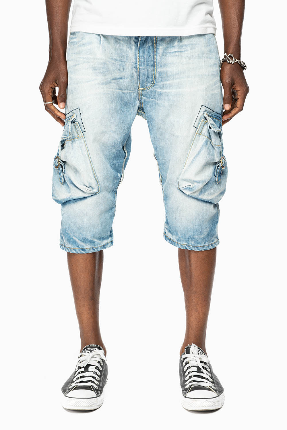 ROBINS LIMITED EDITION MILITARY STYLE CARGO SHORTS IN 5D LIGHT BLUE COLOR WASH WITH EMBALISHMENT