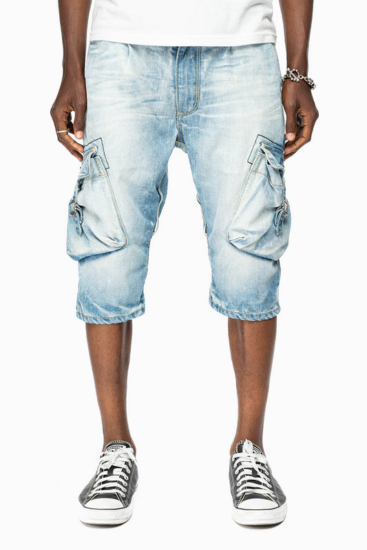 ROBINS LIMITED EDITION MILITARY CARGO SHORTS IN 5D LIGHT BLUE  WASH WITH EMBALISHMENT