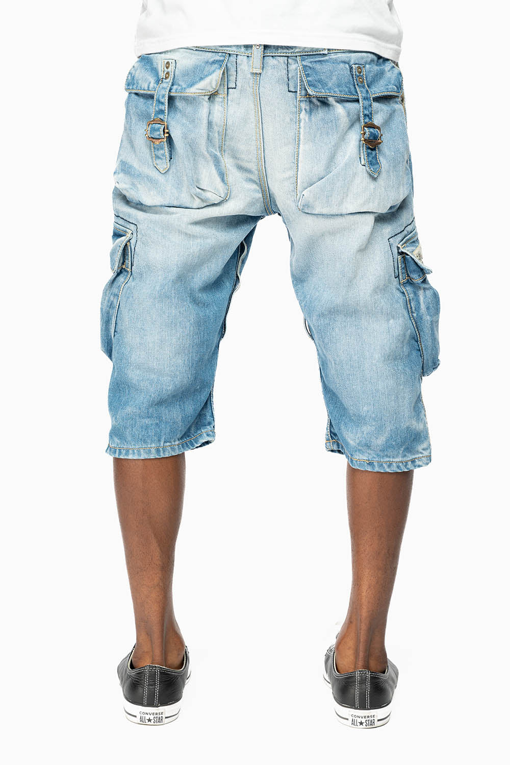 ROBINS LIMITED EDITION MILITARY STYLE CARGO SHORTS IN 5D LIGHT BLUE COLOR WASH WITH EMBALISHMENT