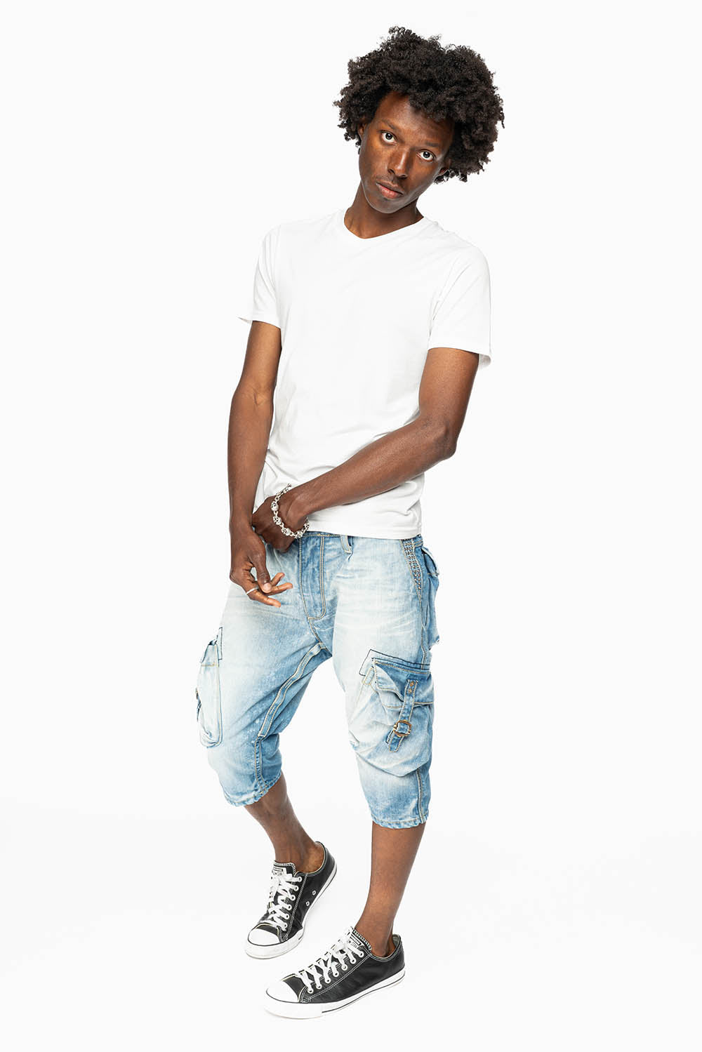 ROBINS LIMITED EDITION MILITARY STYLE CARGO SHORTS IN 5D LIGHT BLUE COLOR WASH WITH EMBALISHMENT