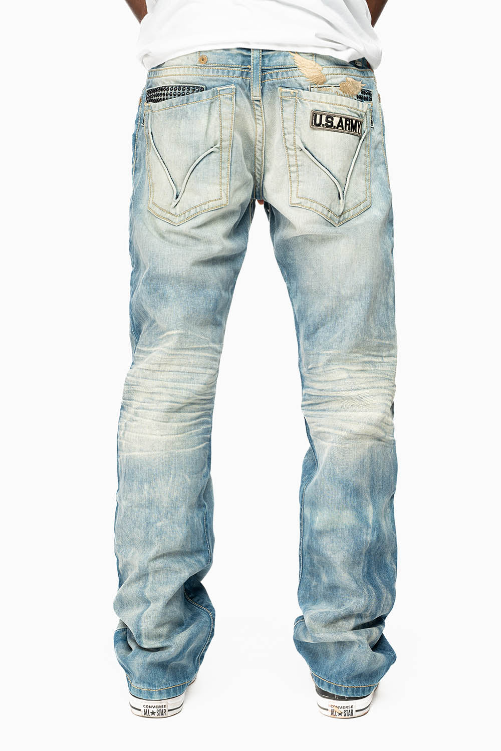 STRAIGHT CUT JEANS LIMITED EDITION IN AQUARAMA WASH EMBELLISHED WITH CRYSTALS AND ROBINS WING EMBROIDERY