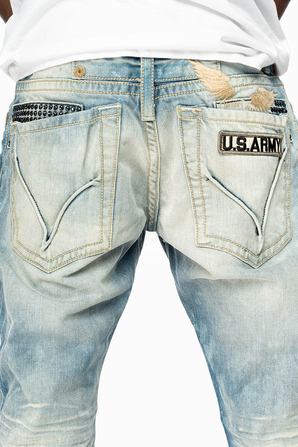 STRAIGHT CUT JEANS LIMITED EDITION IN AQUARAMA WASH EMBELLISHED WITH CRYSTALS AND ROBINS WING EMBROIDERY