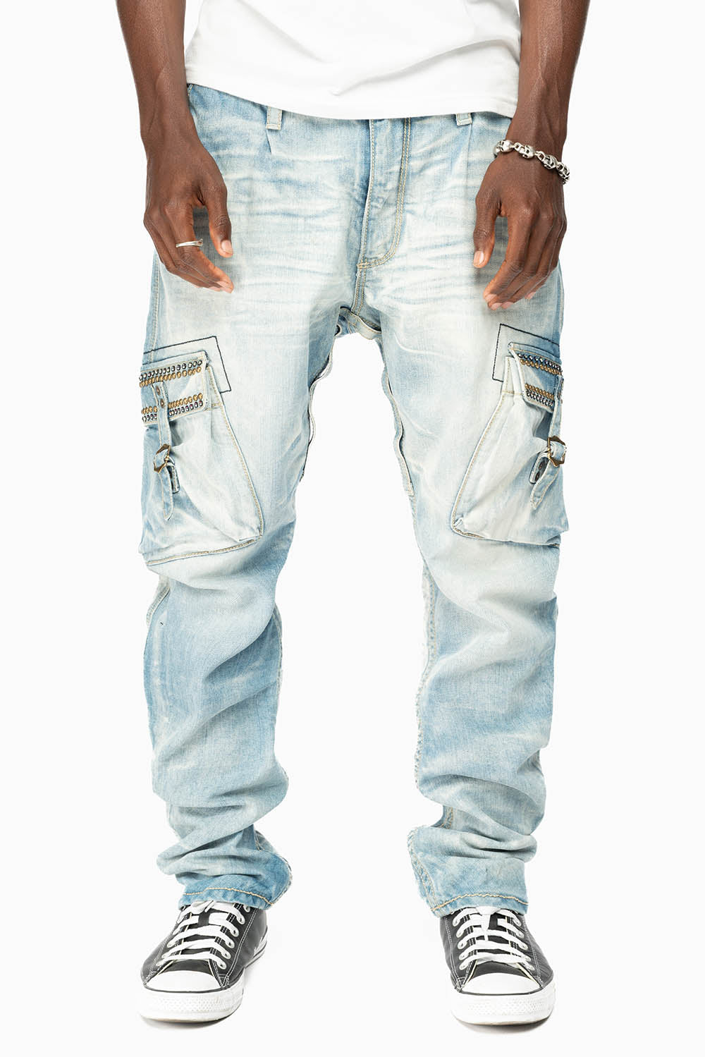 MENS PREDATOR CARGO PANTS LIMITED EDITION EMBELLISHED WITH CRYSTALS AND NAIL HEADS IN BLUE OMAHA LIGHT WASH