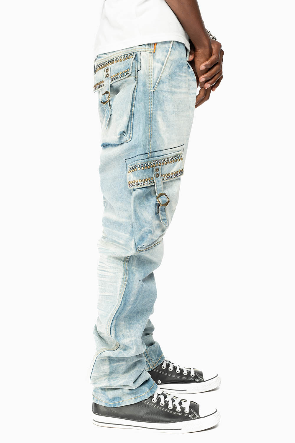 MENS PREDATOR CARGO PANTS LIMITED EDITION EMBELLISHED WITH CRYSTALS AND NAIL HEADS IN BLUE OMAHA LIGHT WASH