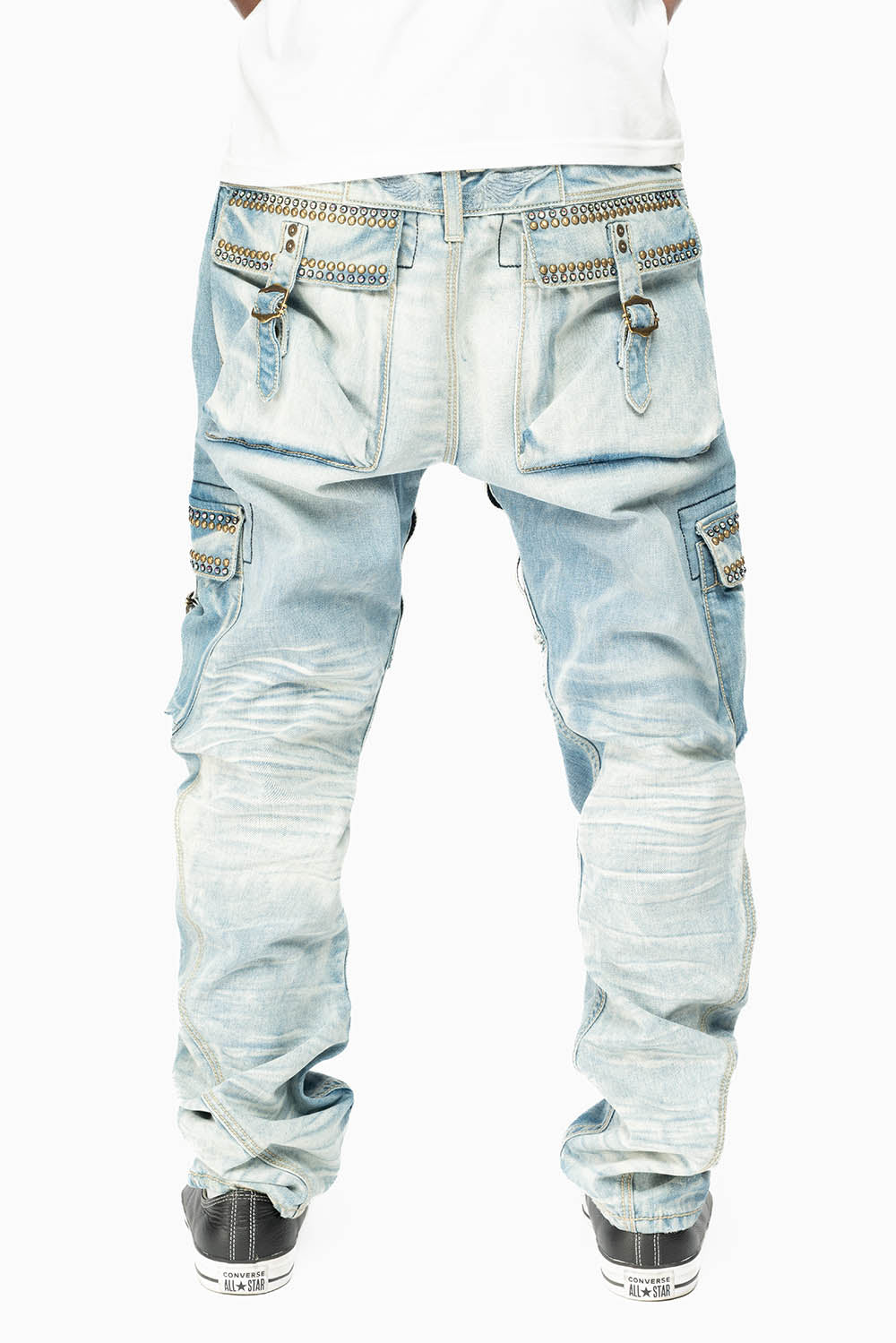 MENS PREDATOR CARGO PANTS LIMITED EDITION EMBELLISHED WITH CRYSTALS AND NAIL HEADS IN BLUE OMAHA LIGHT WASH