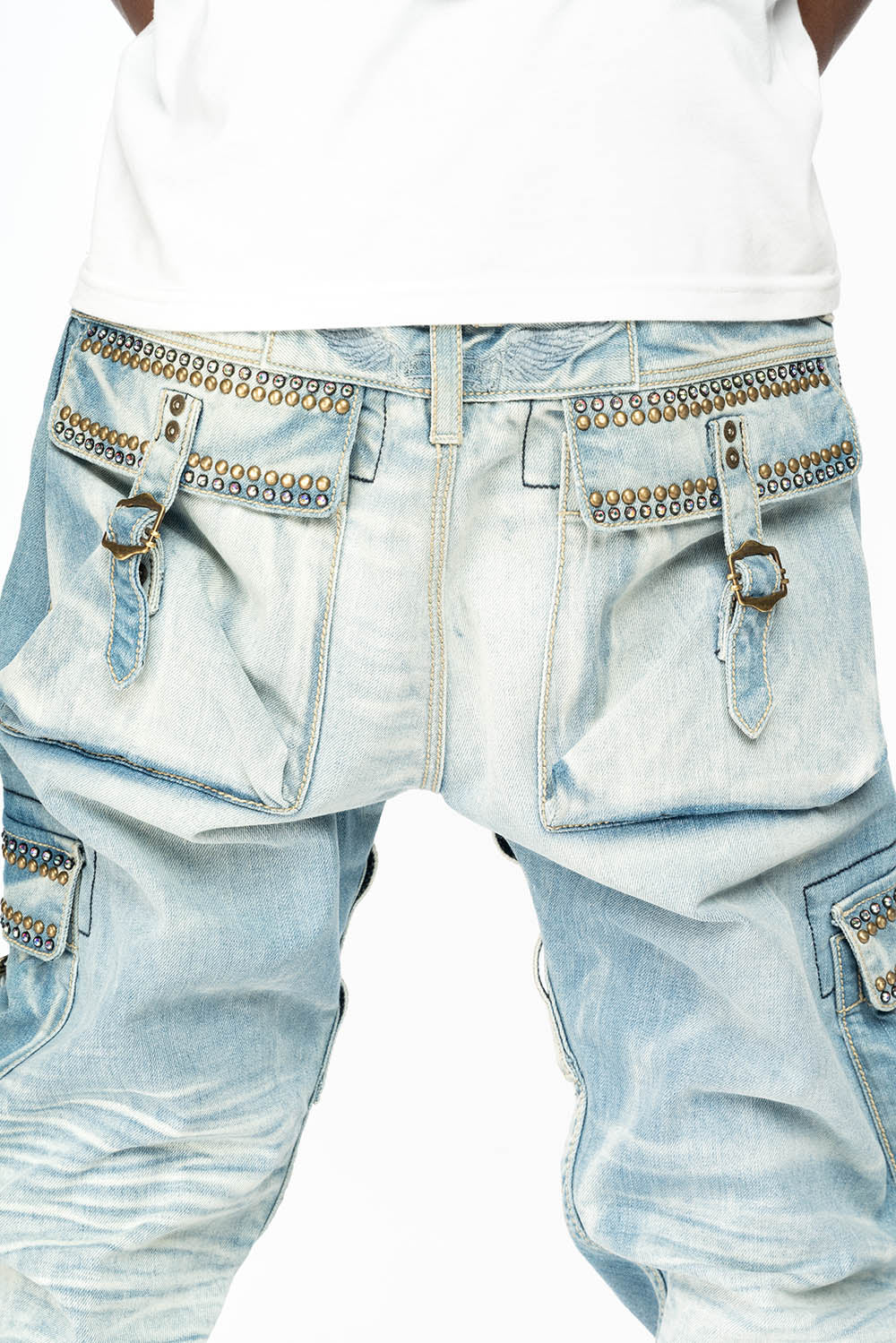 MENS PREDATOR CARGO PANTS LIMITED EDITION EMBELLISHED WITH CRYSTALS AND NAIL HEADS IN BLUE OMAHA LIGHT WASH