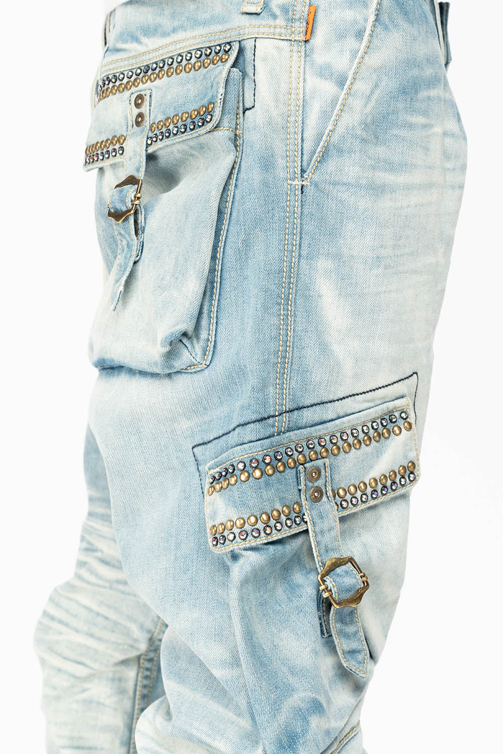 MENS PREDATOR CARGO PANTS LIMITED EDITION EMBELLISHED WITH CRYSTALS AND NAIL HEADS IN BLUE OMAHA LIGHT WASH