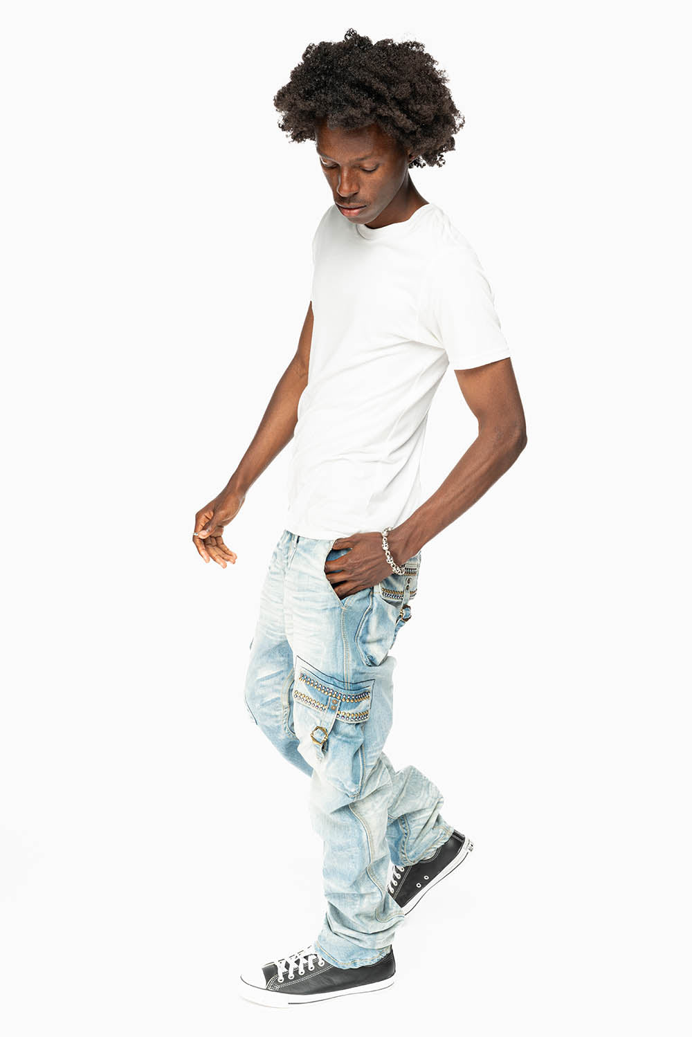 MENS PREDATOR CARGO PANTS LIMITED EDITION EMBELLISHED WITH CRYSTALS AND NAIL HEADS IN BLUE OMAHA LIGHT WASH