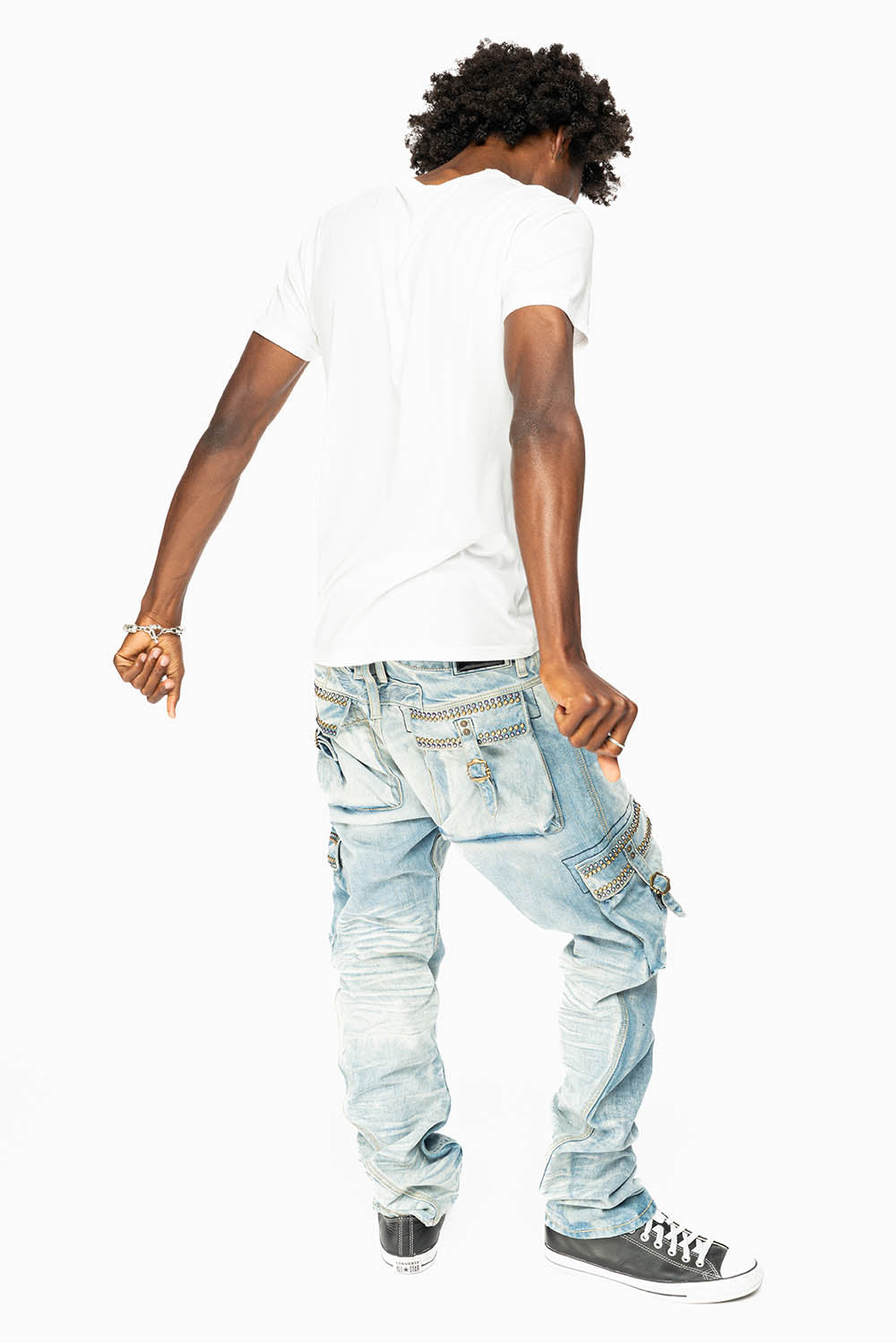 MENS PREDATOR CARGO PANTS LIMITED EDITION EMBELLISHED WITH CRYSTALS AND NAIL HEADS IN BLUE OMAHA LIGHT WASH
