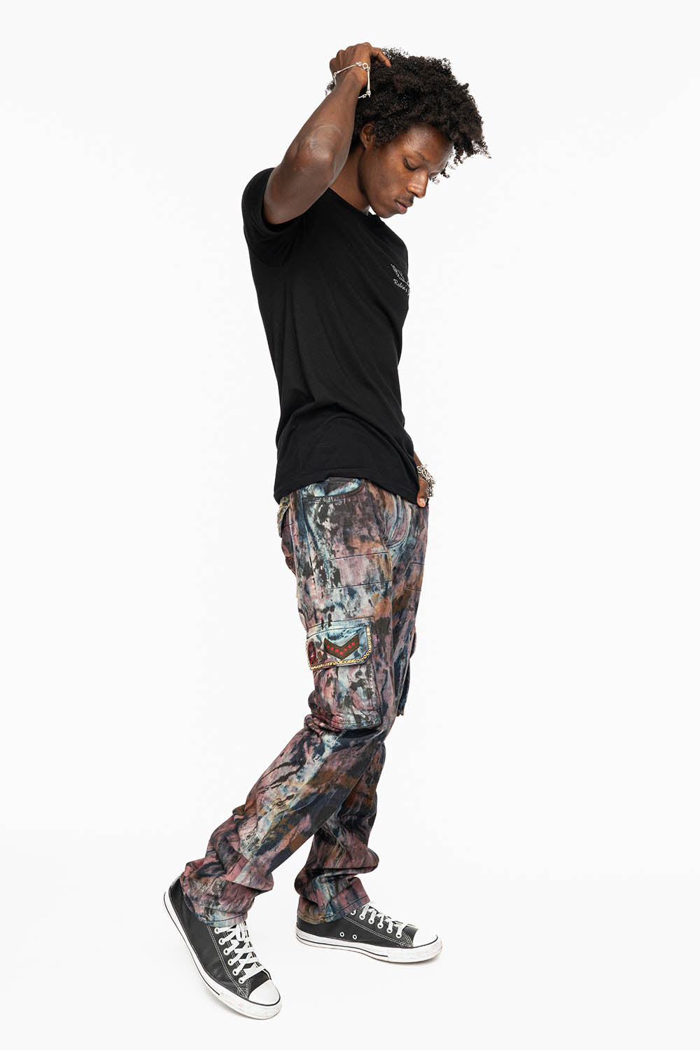 MENS MILITARY JEAN IN BABA RED WASH WITH PATCHES AND AURUM GOLD CRYSTALS