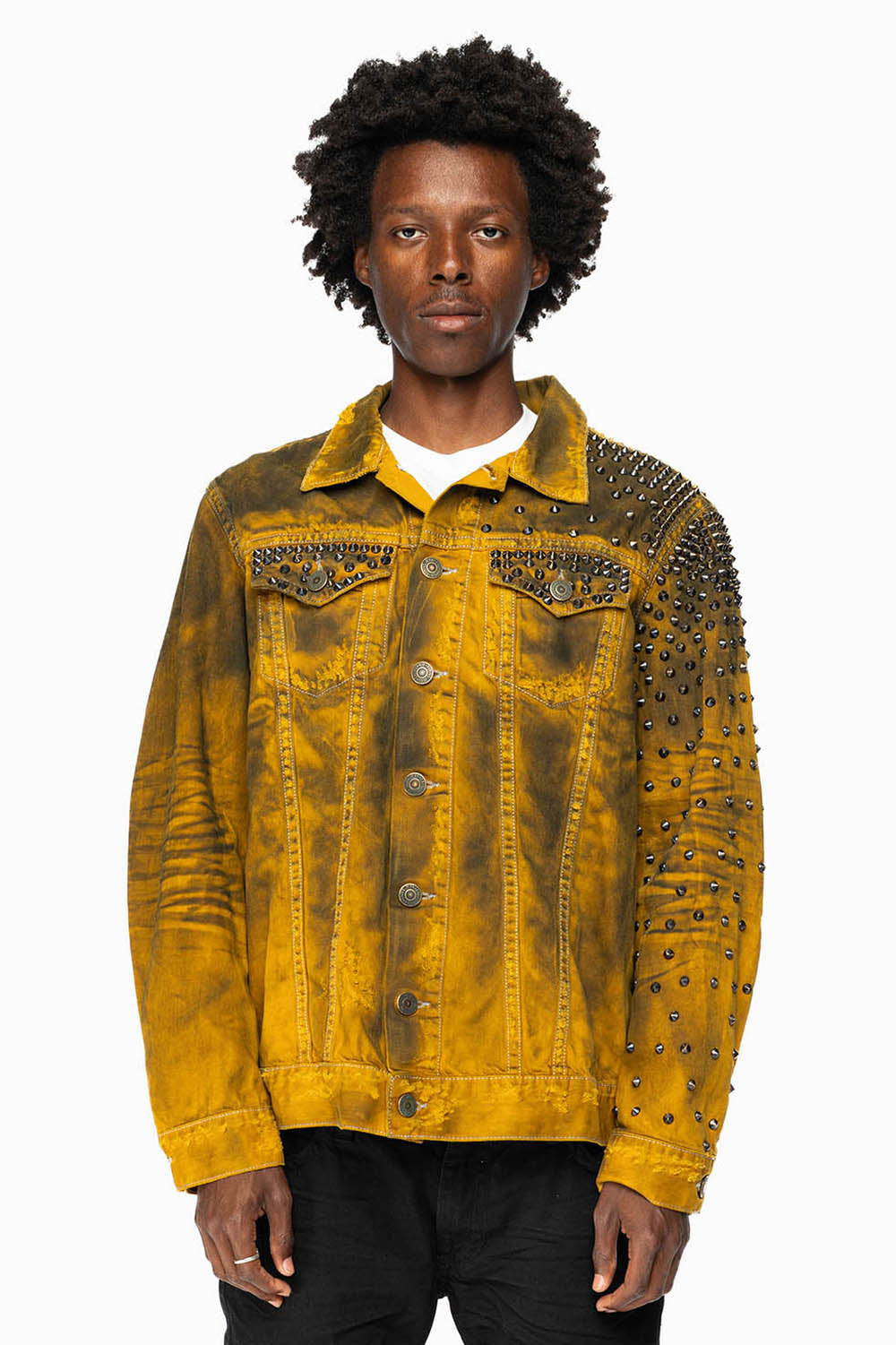 VINTAGE MUSTARD YELLOW JEAN JACKET WITH LIGHT CONTRAST STITCH WITH SPIKES