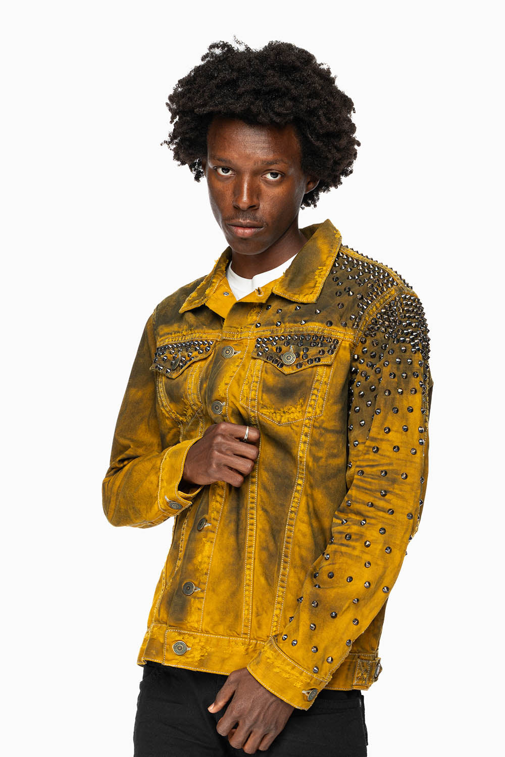 VINTAGE MUSTARD YELLOW JEAN JACKET WITH LIGHT CONTRAST STITCH WITH SPIKES