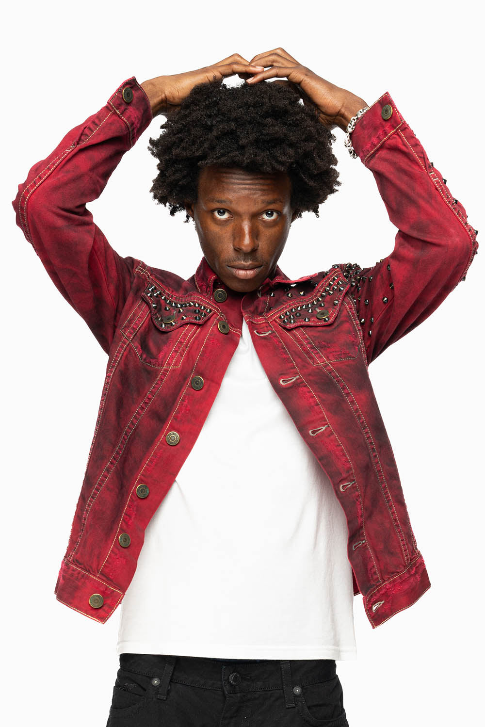 VINTAGE RED JEAN JACKET WITH LIGHT CONTRAST STITCH WITH SPIKES