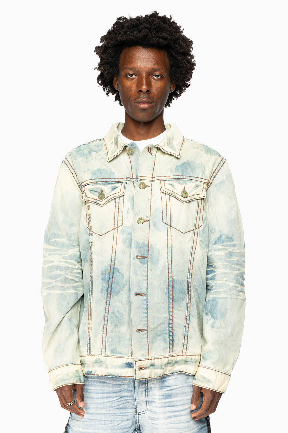 VINTAGE LIGHT BLUE JACKET WITH BROWN HEAVY STITCHING