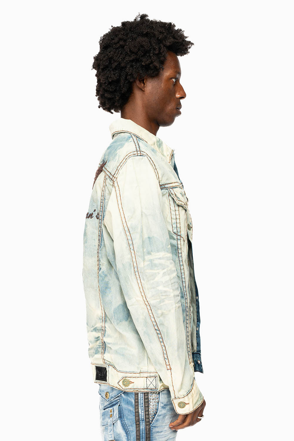 VINTAGE LIGHT BLUE JACKET WITH BROWN HEAVY STITCHING