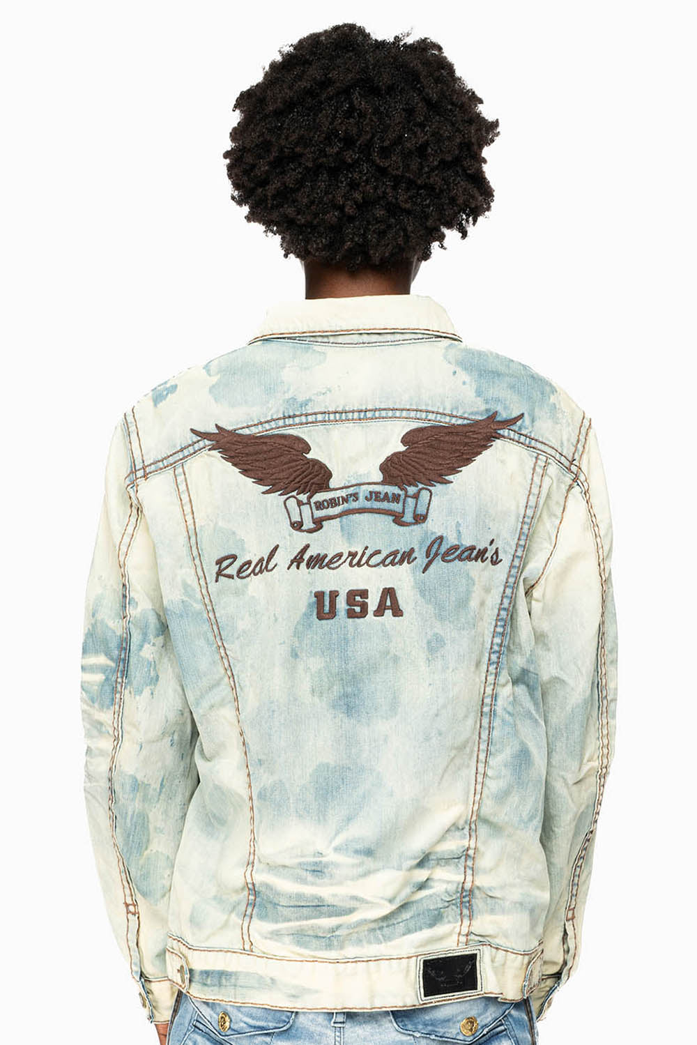 VINTAGE LIGHT BLUE JACKET WITH BROWN HEAVY STITCHING