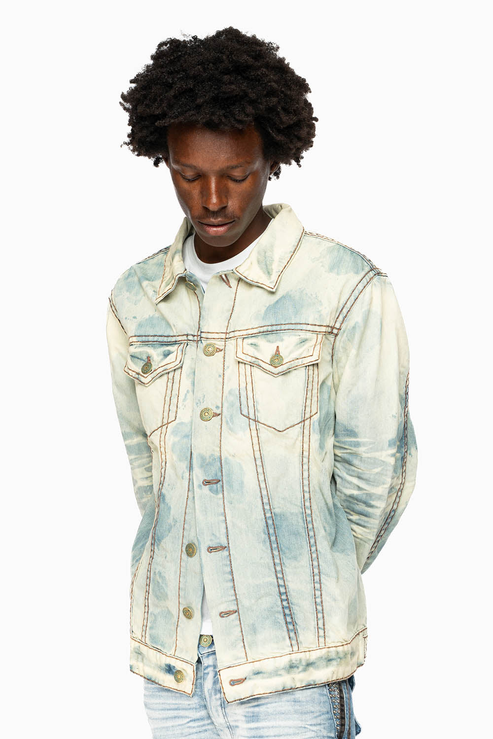 VINTAGE LIGHT BLUE JACKET WITH BROWN HEAVY STITCHING