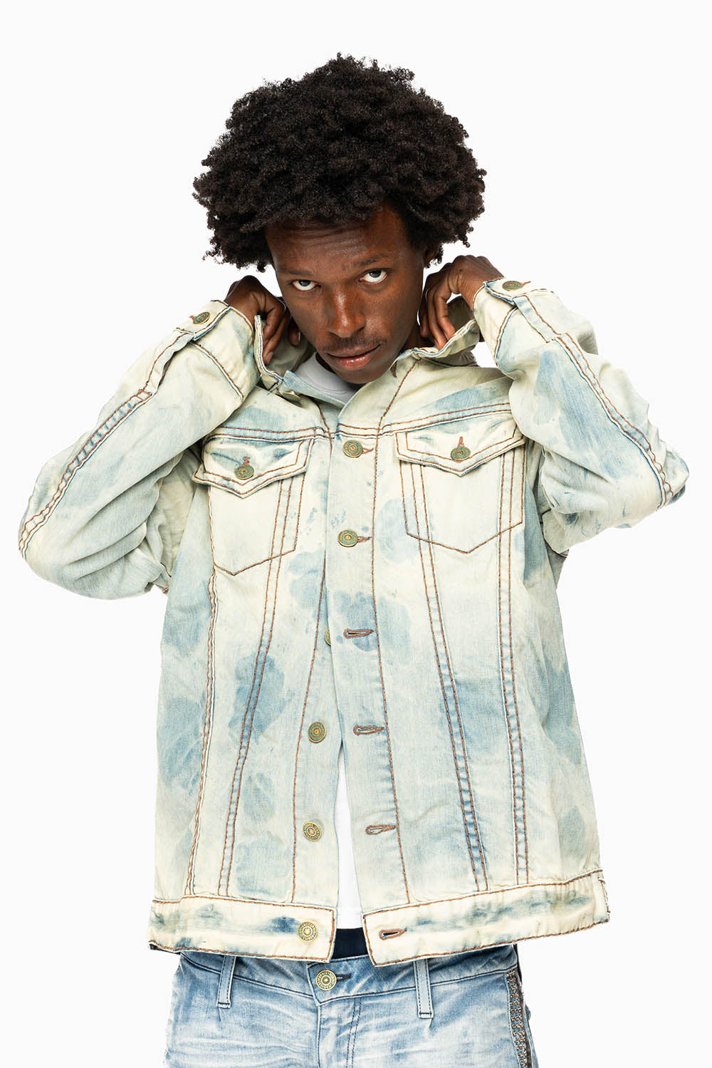 VINTAGE LIGHT BLUE JACKET WITH BROWN HEAVY STITCHING