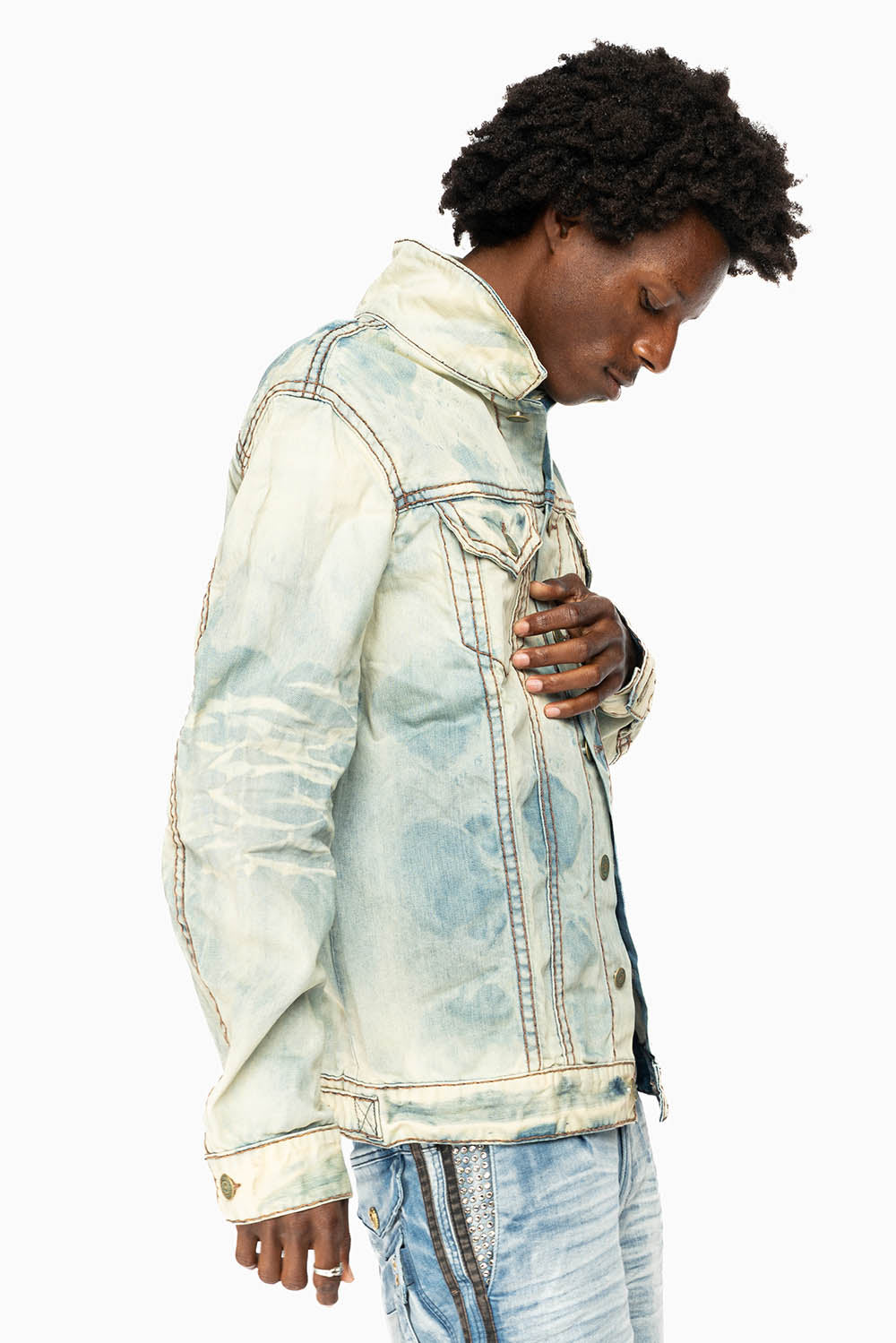 VINTAGE LIGHT BLUE JACKET WITH BROWN HEAVY STITCHING