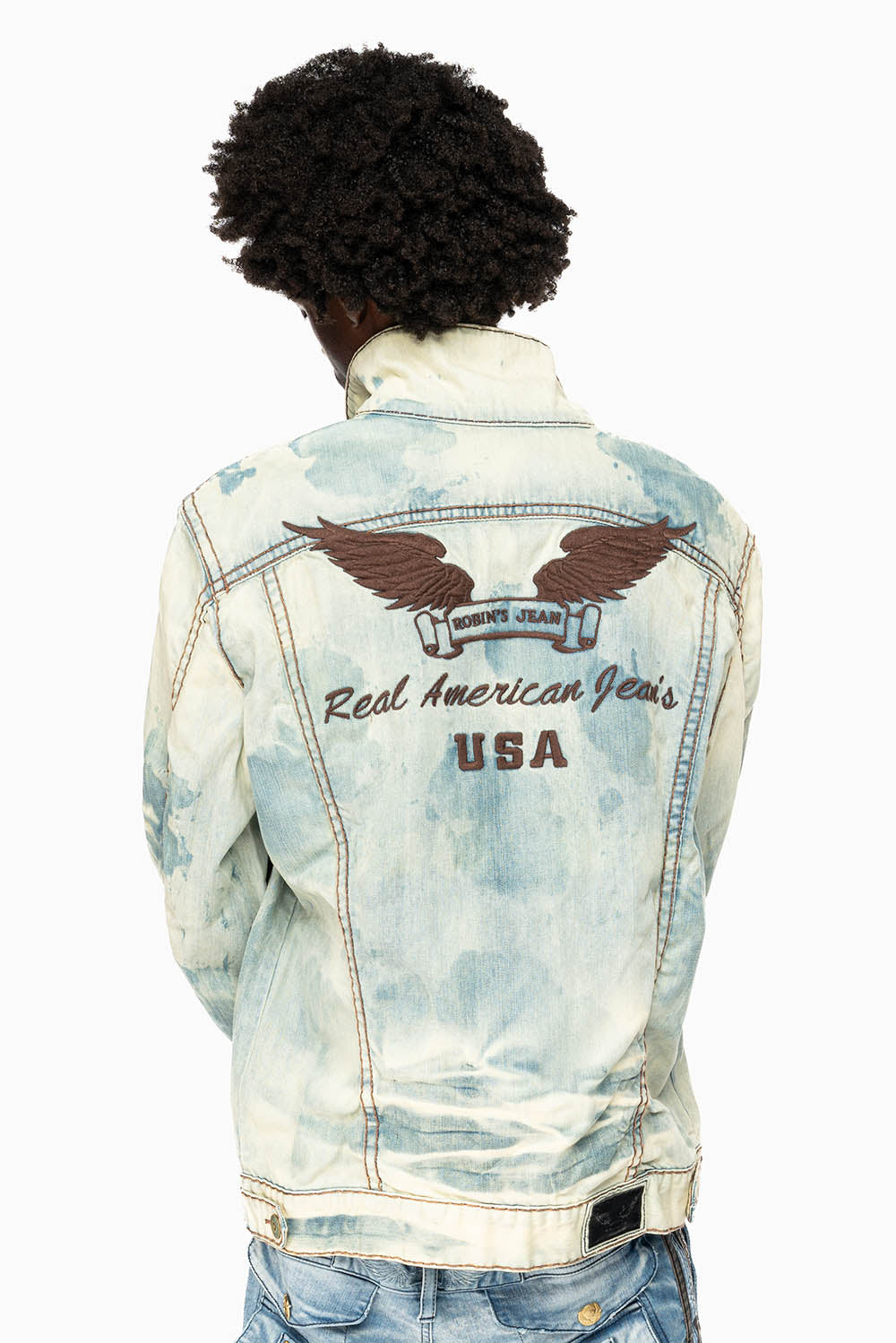 VINTAGE LIGHT BLUE JACKET WITH BROWN HEAVY STITCHING