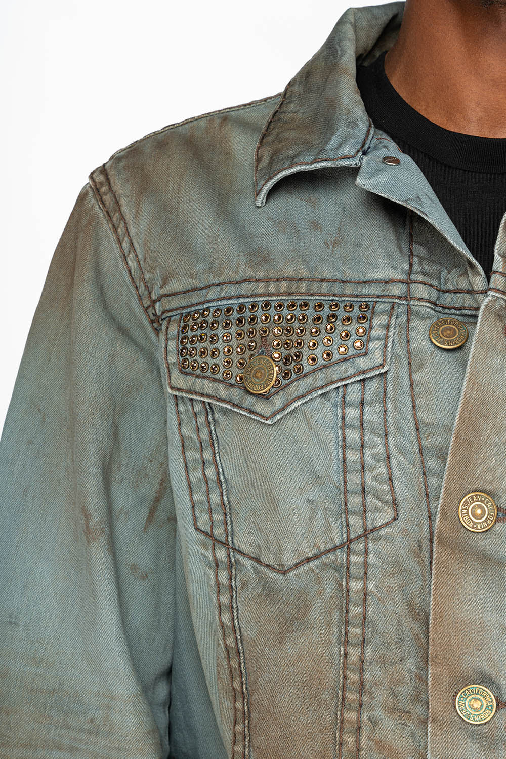 VINTAGE FASHION LIGHT BLUE JEAN JKT WITH BROWN CONTRAST STICH WITH CRYSTALS