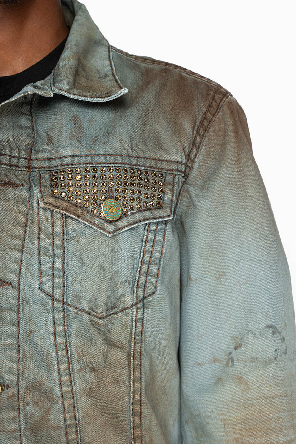 VINTAGE FASHION LIGHT BLUE JEAN JKT WITH BROWN CONTRAST STICH WITH CRYSTALS