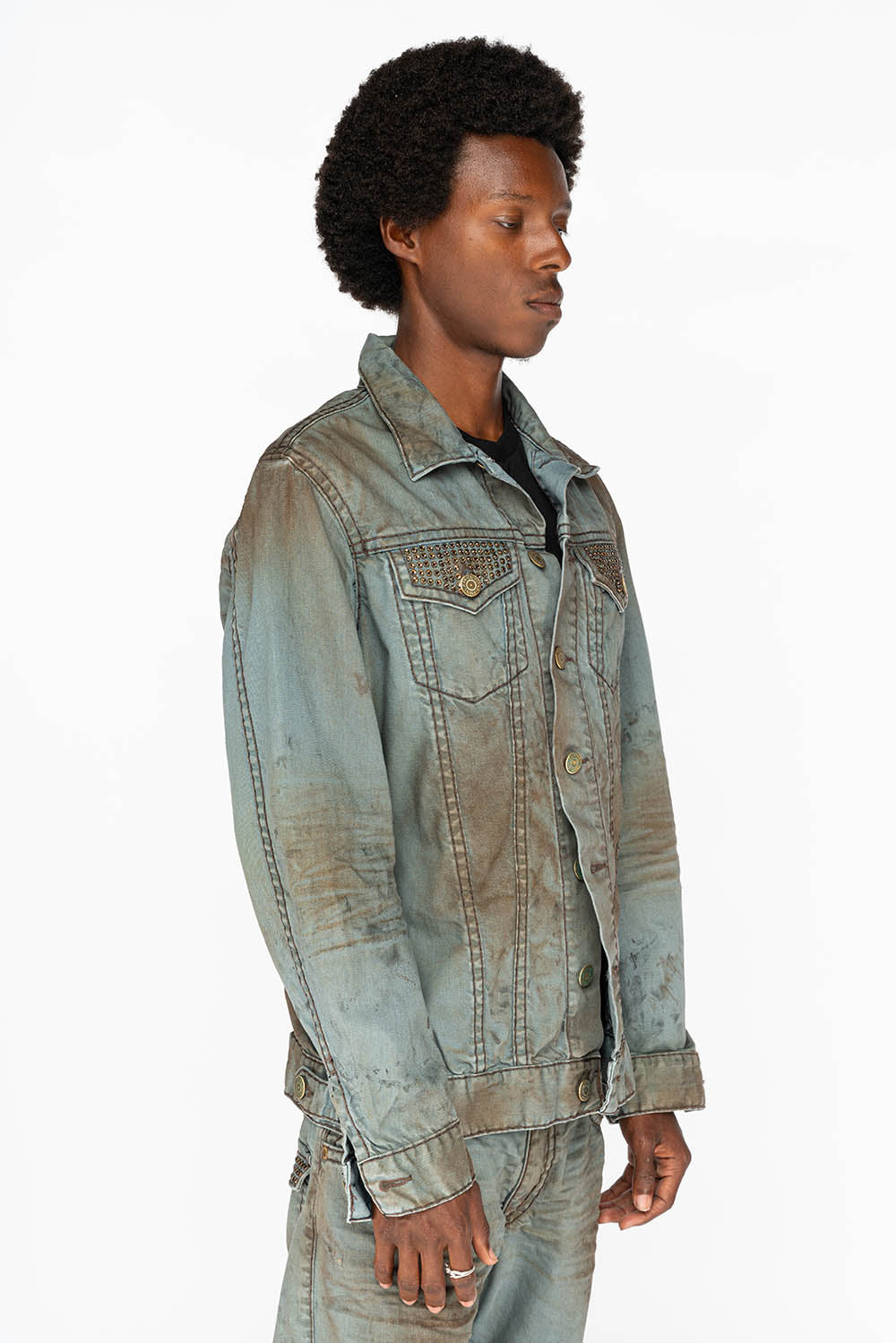 VINTAGE FASHION LIGHT BLUE JEAN JKT WITH BROWN CONTRAST STICH WITH CRYSTALS