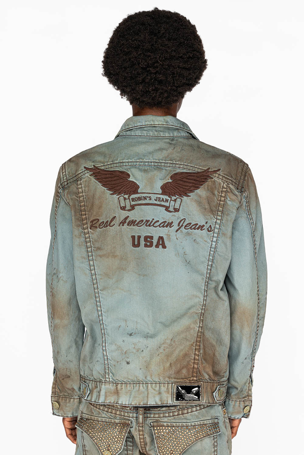 VINTAGE FASHION LIGHT BLUE JEAN JKT WITH BROWN CONTRAST STICH WITH CRYSTALS