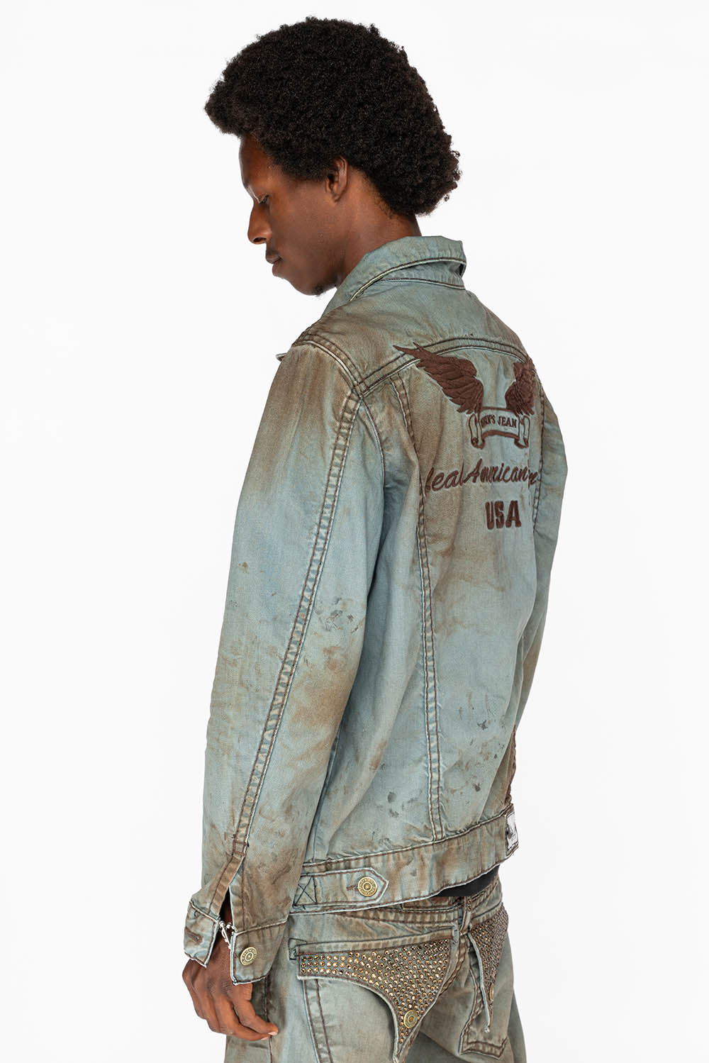 VINTAGE FASHION LIGHT BLUE JEAN JKT WITH BROWN CONTRAST STICH WITH CRYSTALS