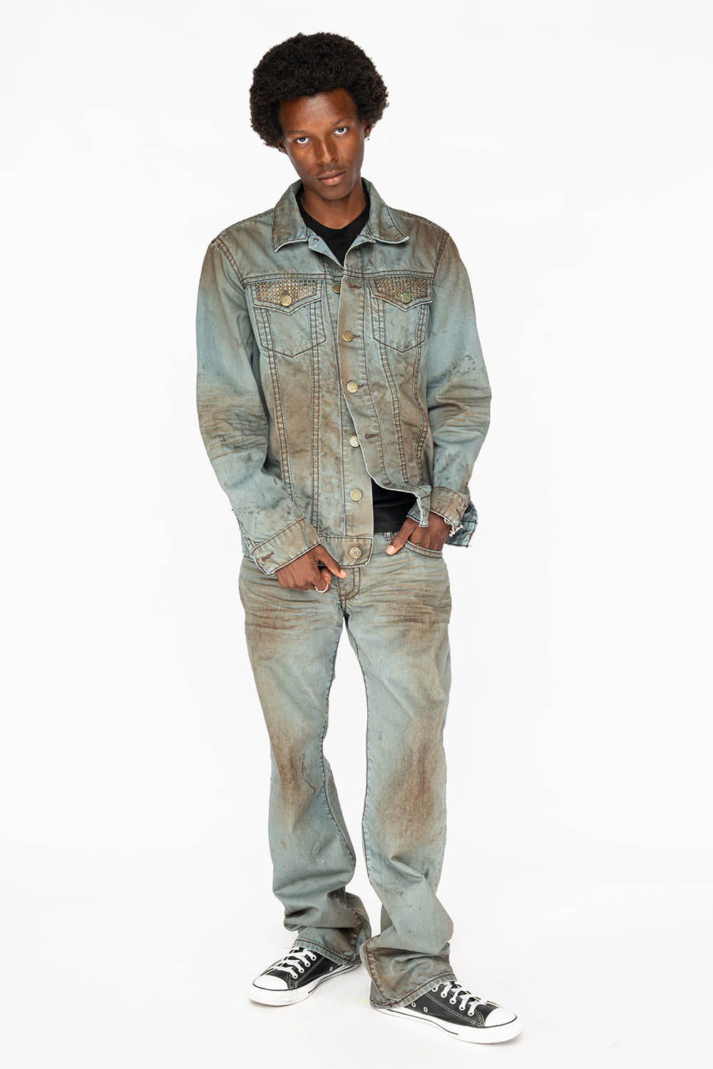 VINTAGE FASHION LIGHT BLUE JEAN JKT WITH BROWN CONTRAST STICH WITH CRYSTALS
