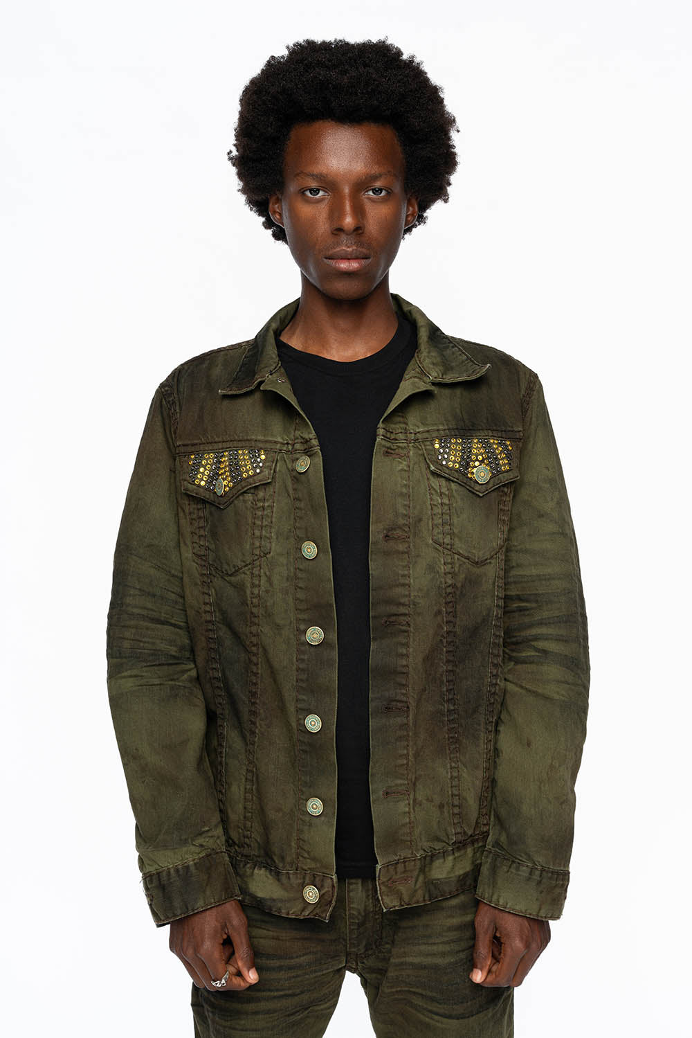 VINTAGE FASHION GREEN JEAN JKT WITH BROWN CONTRAST STICH WITH CRYSTALS