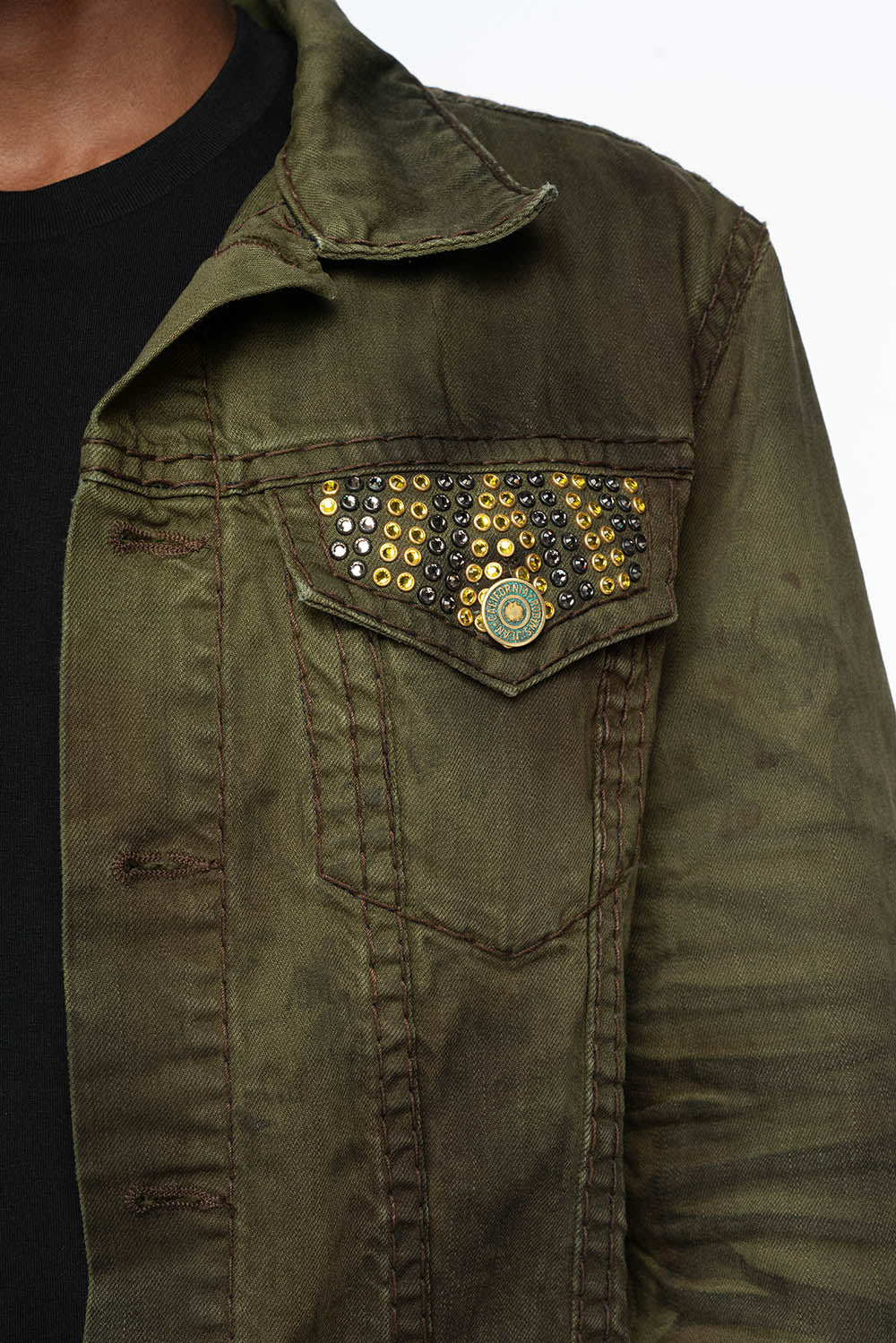 VINTAGE FASHION GREEN JEAN JKT WITH BROWN CONTRAST STICH WITH CRYSTALS