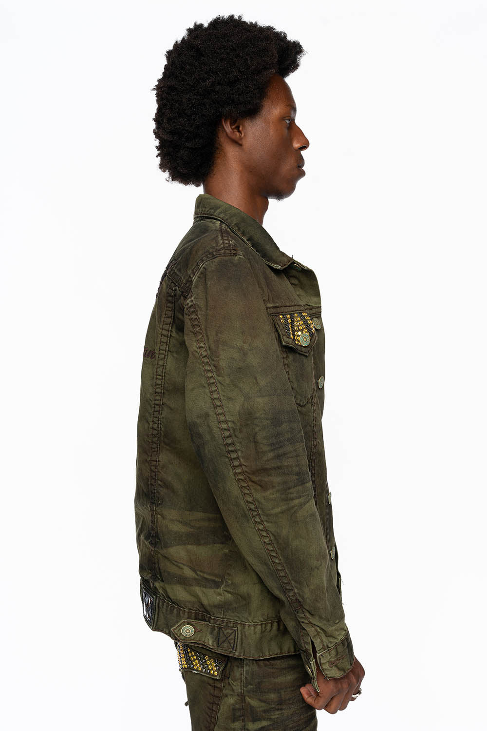 VINTAGE FASHION GREEN JEAN JKT WITH BROWN CONTRAST STICH WITH CRYSTALS