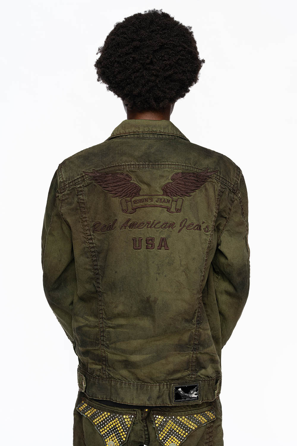 VINTAGE FASHION GREEN JEAN JKT WITH BROWN CONTRAST STICH WITH CRYSTALS